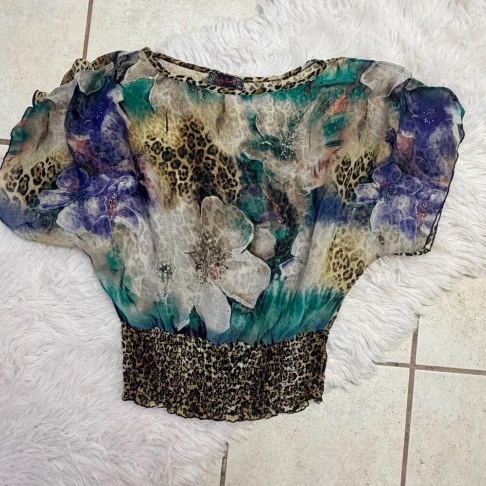 Body Central Y2K Mall Brand Leopard Floral Sheer Top